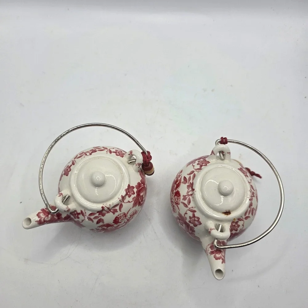 Vintage Miniature Porcelain Teapot Ornaments Pair Red Cherub Floral Made in Chin
